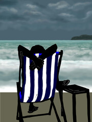 peraona seduta sulla sdraio di fronte al mare e al cielo