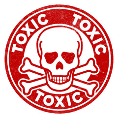 Red toxic stamp with skull and bones over transparent backgound.