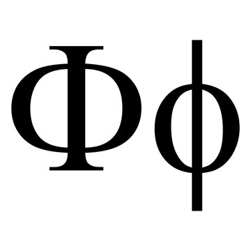 Black phi symbol icon with name. greek alphabet letter