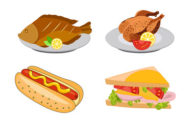 fish fry grilled chicken with fast food vector illustration art drawing design elements