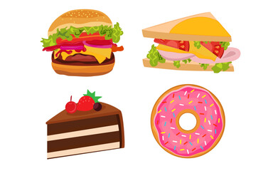 burger sandwich with cake donut fast food vector illustration art drawing design elements