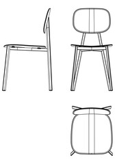 Chair isolated lines on white background, vector illustration. Front, side, top view. Set of different views of modern chair