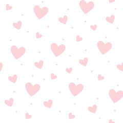 Cute seamless pink pattern with hearts and polka dot. Light hearts on white background for print.