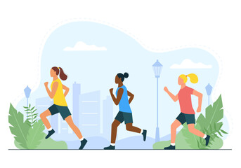 Obraz na płótnie Canvas Women run in the summer park. Professional athletes run outdoors. Sports training, active recreation, healthy lifestyle. Vector illustration