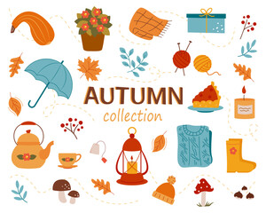 Autumn collection. Fall season cozy attributes bundle. Autumn accessories, leaves and colorful harvest set. Decorative design elements isolated on white. Vector illustration