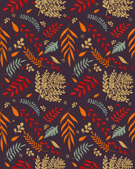 Autumn forest botanical dark background texture seamless for fabric and paper, vector and hand drawn