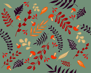 Autumn forest botanical dark background texture seamless for fabric and paper, vector and hand drawn