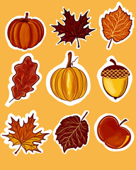 Autumn sticker set, pumpkins, leaves, berries, acorns clipart vector