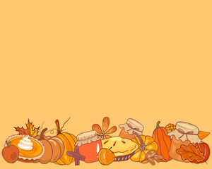 Autumn pumpkin dishes  frame for text. Pumpkin harvest and recipes for pumpkin jam and pies vector, hand drawn. Autumn recipes frame, save space