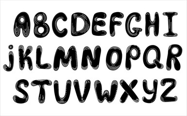 The English alphabet is hand-drawn in the form of ornaments, hooks, lines, curls. Ornate black font, typographic set. Vintage black and white style. Isolated letters on a white background.