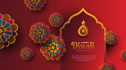 Obraz premium Happy Diwali Festival Background with Round Floral Ornament - Diwali Greeting Background Template with Floral Ornate