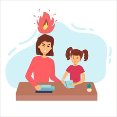 Education concept female teacher or mother feeling angry to naughty schoolboy while standing. vector flat screaming at a child