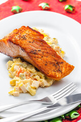 Traditional Czech Christmas potato salad with Salmon
