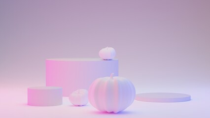 Obraz premium Halloween minimal scene with pumpkins and podium platforms with neon lights on pastel background. Stand to show products. Stage showcase on pedestal. 3d rendering.