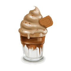 Coffee with ice cream and cookie. Glass of coffee with cream and milk. Cold o hot drink. Realistic illustrations isolated on a white background.