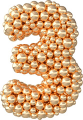 Golden 3d number 3 made of golden spheres or bubbles. Png numeral for celebrating 3rd anniversary event party. 3d render