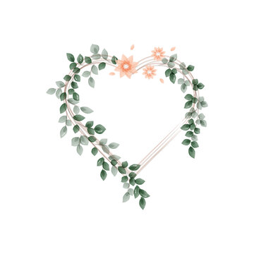 Frame - a composition of green branches and pink flowers in the form of a heart, a wedding invitation painted in watercolor.Web