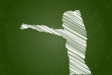 Female boxer punching the air chalk effect vector silhouette, girl child and martial arts concept, profile silhouette, isolated on chalkboard, Fighting and boxing