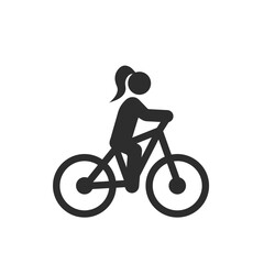 Woman on bicycle icon. Monochrome black and white symbol