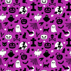 Halloween seamless pattern made up of pumpkins, bats, cats, ghosts, maple leaves, witch, grave and scull. Holiday pattern for printing on package, wrappers, envelopes, cards, clothes or accessories.