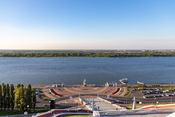 NIZHNIY NOVGOROD, RUSSIA - AUGUST 18, 2022: The Chkalov Stairs in the center of Nizhni Novgorod, connecting Minin and Pozharsky Square, the Upper and the Lower Volga embankments