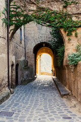 Ancient alley in the old town with buildings and arches. way to future. place for text, background for quotes, light at the end of the tunnel