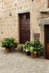 Fototapeta na wymiar Exterior shot of spectacular ancient buildings of stones with cobblestone courtyard in the foreground and with stone stairway to entrance door decorated with plants in flower pots and plants,