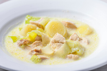 creamy leek soup with chicken meat