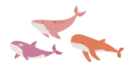 Hand drawn cute cartoon illustration set of whales under the water. Flat vector undersea, sea ​​animal, mammal in colored doodle. Sticker, icon or print design. Isolated on white background.