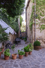 Exterior shot of spectacular ancient buildings of stones with cobblestone courtyard in the foreground and with stone stairway to entrance door decorated with plants in flower pots and climbing plants,