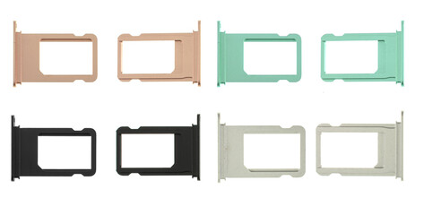 SIM card holders, a spare part for a tablet phone, on a white background, a collage view from two...