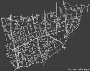 Detailed negative navigation white lines urban street roads map of the NORDSTADT DISTRICT of the German regional capital city of G&ouml;ttingen, Germany on dark gray background