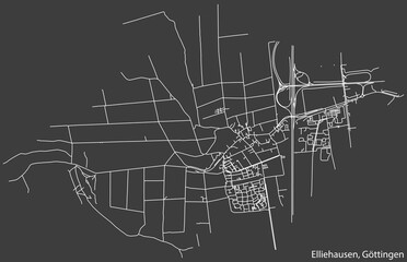 Detailed negative navigation white lines urban street roads map of the ELLIEHAUSEN DISTRICT of the German regional capital city of Göttingen, Germany on dark gray background