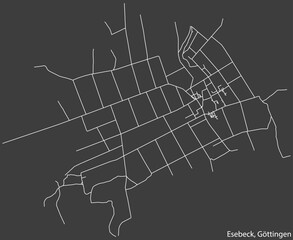 Detailed negative navigation white lines urban street roads map of the ESEBECK DISTRICT of the German regional capital city of Göttingen, Germany on dark gray background
