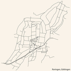 Detailed navigation black lines urban street roads map of the RORINGEN DISTRICT of the German regional capital city of Göttingen, Germany on vintage beige background