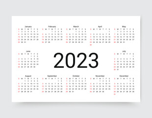 2023 Calendar. Yearly calender organizer. Week starts Sunday. Stationery year template with 12 months. Layout grid in minimal horizontal design. Landscape orientation, English. Vector illustration.