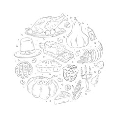 Thanksgiving illustration in doodle style. Vector composition of hand drawn autumn elements with roast turkey, cartoon pumpkin food, candles, pilgrim hat, pie. Happy Thanksgiving day. Harvest festival