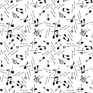 Creative seamless pattern on the theme of music. Monochrome vector background of musical notes. Sketch, design, draft, outline. For print.