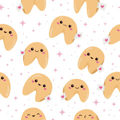 Seamless pattern with Chinese fortune cookies. Kawaii food with face. Cartoon sweets. Vector illustration.