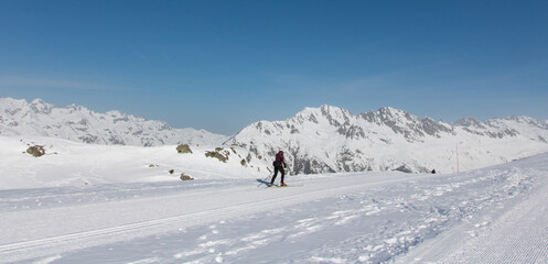Fototapeta na wymiar ski de fond sur une piste enneigée des alpes en hiver