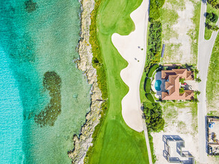 aerial view of home on golf course