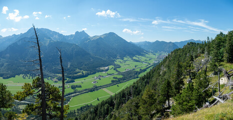 Panoramic view on the Alps from castle Falkenstein hiking trail, close to Pfronten Allgäu Germany during summer