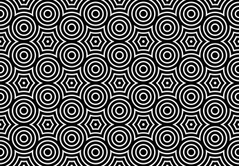 Seamless Geometric Circles and Hexagons Pattern. Black and White Texture.