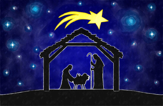 Blue Christmas Nativity Scene background. Watercolor painting sketch. Greeting card background.