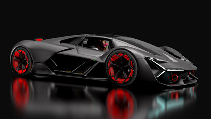 Obraz na płótnie Canvas 3d render super car with feflection black color background red, bust of woman driving