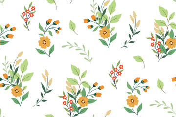 Fototapeta na wymiar Seamless floral pattern with decorative art plants on a white background. Cute botanical print with wild flowers, leaves, herbs in an abstract composition. Surface design with folk motifs. Vector.
