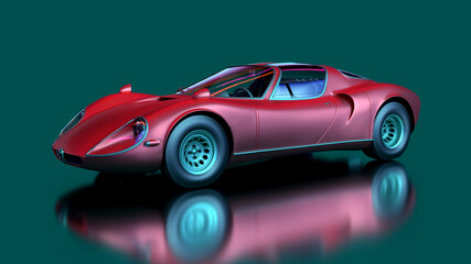 Plakat 3d render super car with feflection red color car, green color background