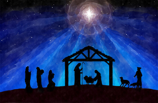 A drawing of a nativity scene. Joseph and Mary... - Stock Illustration  [96375574] - PIXTA