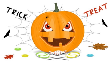 Halloween pumpkin on a white background, orange pumpkin with different shapes and faces. Vector illustration.