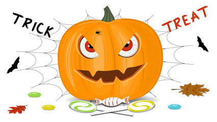 Halloween pumpkin on a white background, orange pumpkin with different shapes and faces. Vector illustration.